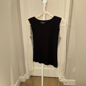 Lea and Viola Elegant Black Top with Sheer Pearl Sleeves size L